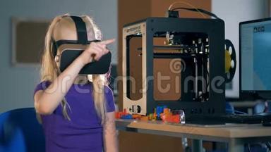 三维虚拟现实眼镜中的Scholl女孩在学校实验室学习创新技术。 4K.